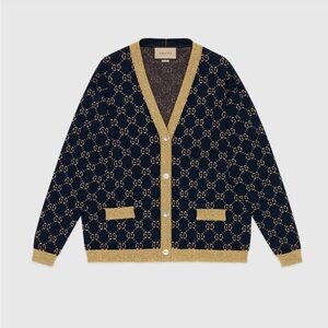 GUCCI Navy GG Cotton Lame Cardigan with Gold Trim Sz XL